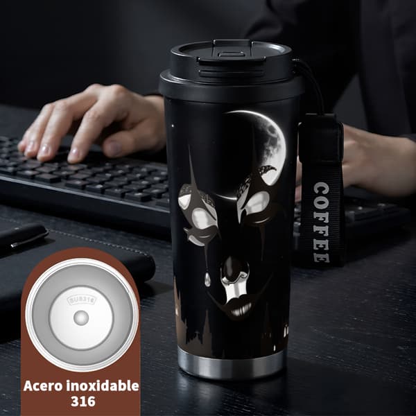 Kaffetermos 500ml Rostfritt Stål Söt Design, Isolerad kaffemugg, läckagesäker resemugg med lock Black
