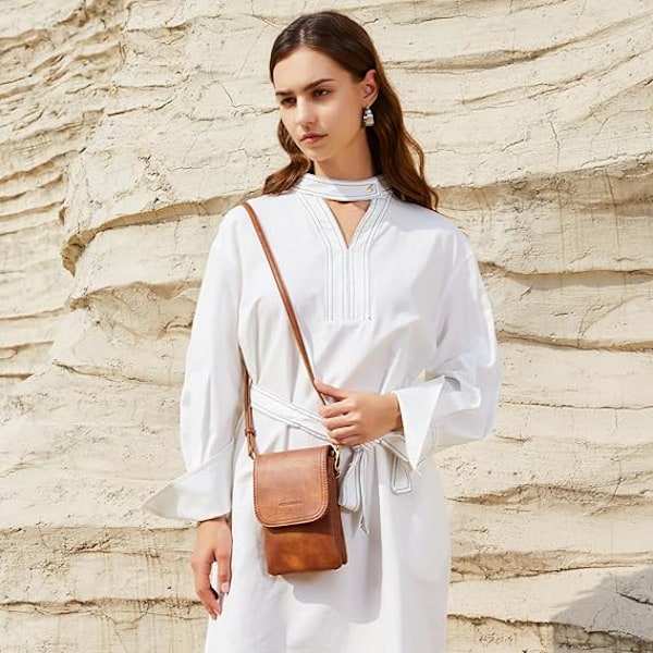 Vegansk Lær Liten Crossbody Veske for Kvinner Designer Mobilveske Lommebok Vesker Justerbar Stropp Dark Brown
