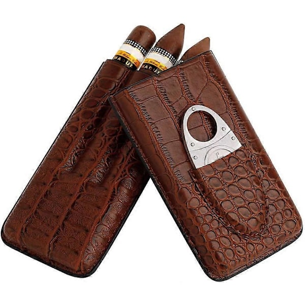 Brun Läder Cigarr Etui Inklusive Cutter Set Läder Cigarr Etui Rese 3 Tubers Humidor Box Förpackad i Fin Presentförpackning (Brun)
