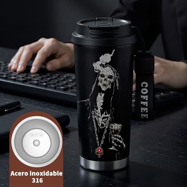 Termosmugg 500ml Rostfritt Stål Anime Design, Isolerad kaffemugg, läckagesäker resemugg med lock Black