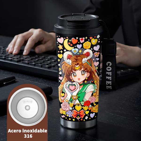 Termisk kaffemugg 500ml Rostfritt stål Tecknad design, Isolerad kaffemugg, läckagesäker resemugg med lock Black