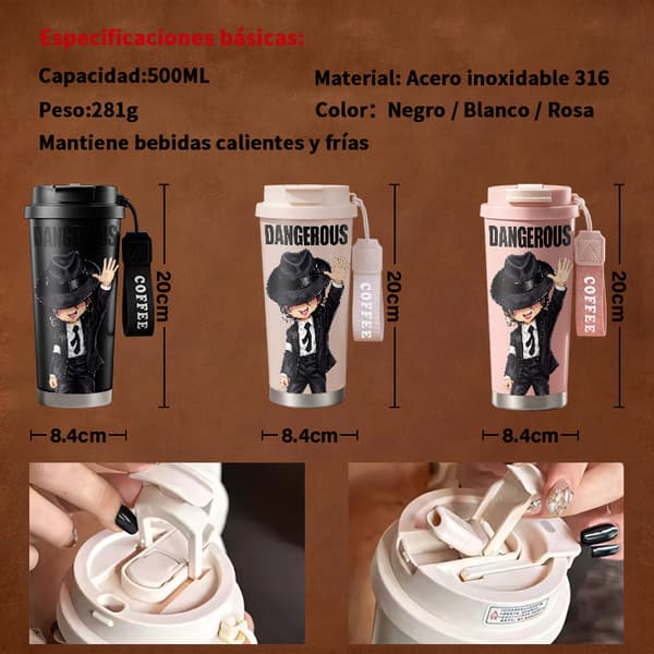 Kaffetermos 500ml Rustfritt Stål Tegneseriedesign Black