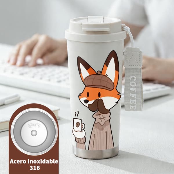 Kaffetermos 500ml Rostfritt Stål Djurmönster, Isolerad kaffemugg, läckagesäker resemugg med lock White