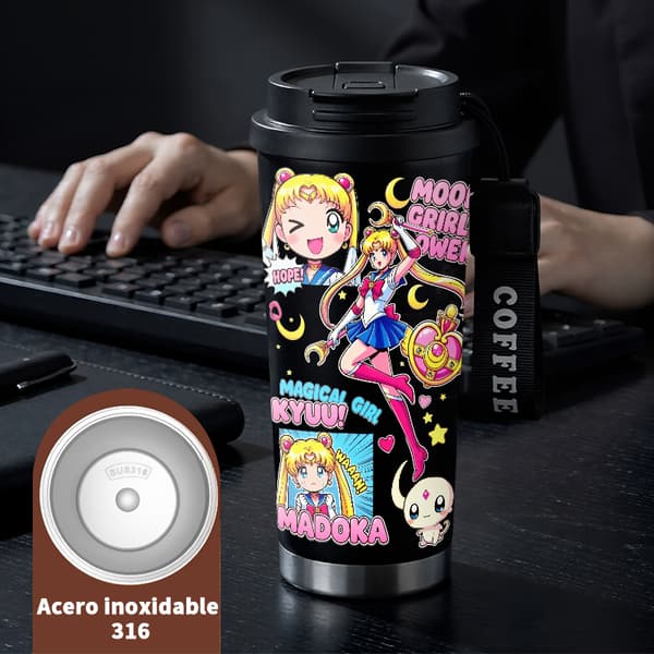 Kaffetermos 500ml Rostfritt Stål Abstrakt Design, Isolerad kaffemugg, läckagesäker resemugg med lock Black