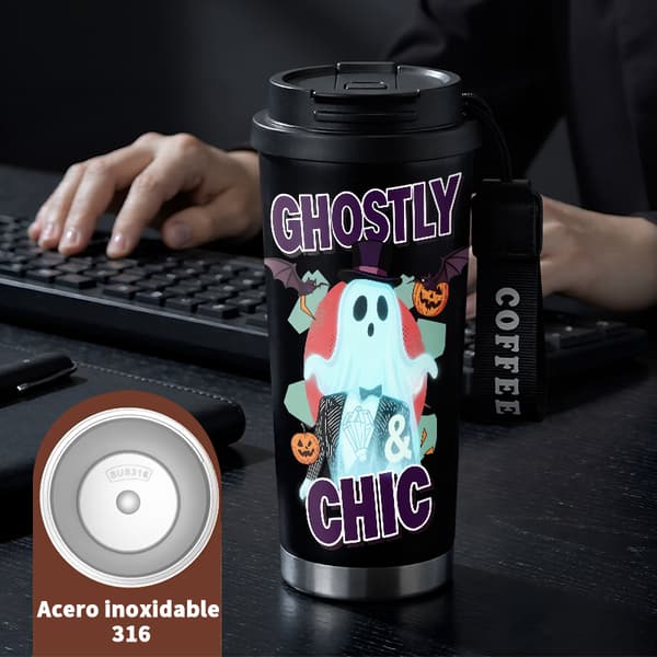 Termosmugg 500ml Rostfritt Stål Anime Design, Isolerad kaffemugg, läckagesäker resemugg med lock Black