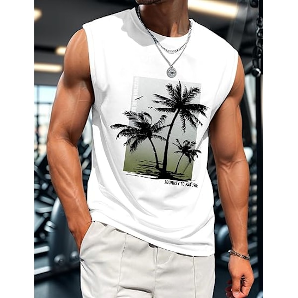 Tanktoppe til mænd, grafiske tanktoppe til mænd, sommer hawaiiansk palmetræ ærmeløs muskeltrøje, strand tanktoppe til mænd XL
