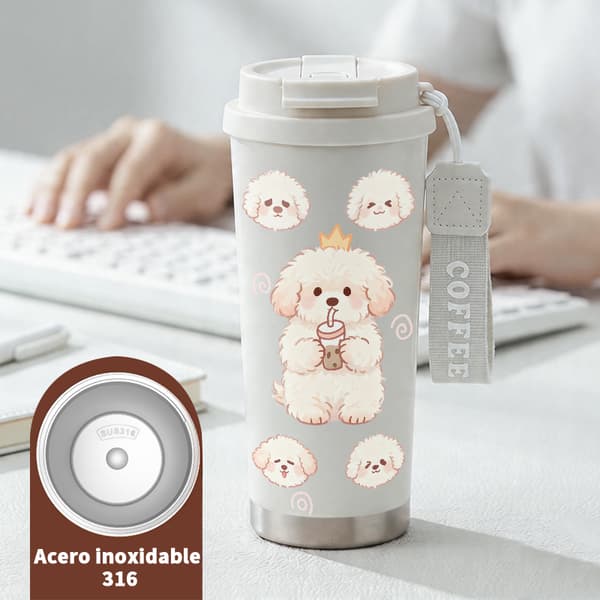 Kaffetermos 500ml Rostfritt Stål Söt Design, Isolerad kaffemugg, läckagesäker resemugg med lock White