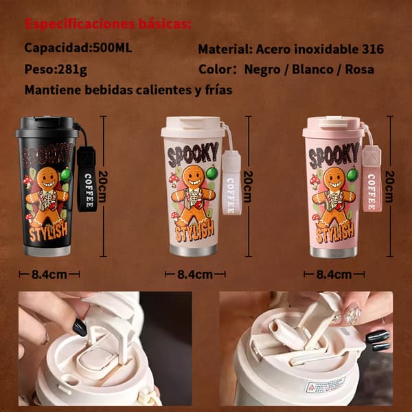 Termosmugg 500 ml rostfritt stål juldesign, isolerad kaffemugg, läckagesäker resemugg med lock White