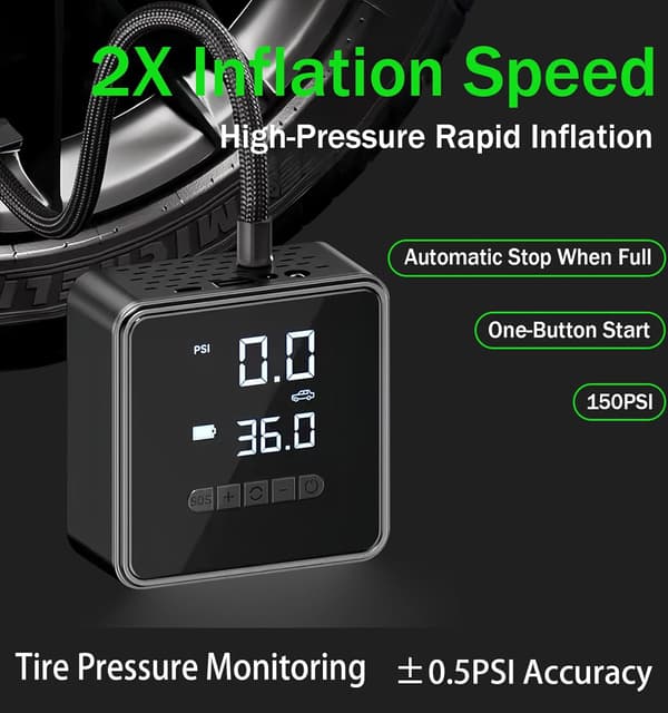 Bärbar däckpump luftkompressor - 150 PSI luftpump för bildäck - 2X snabbare inflation, smart pump däckpump f