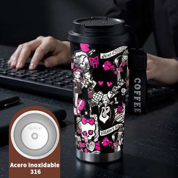 Termosmugg 500ml Rostfritt Stål Anime Design, Isolerad kaffemugg, läckagesäker resemugg med lock Black