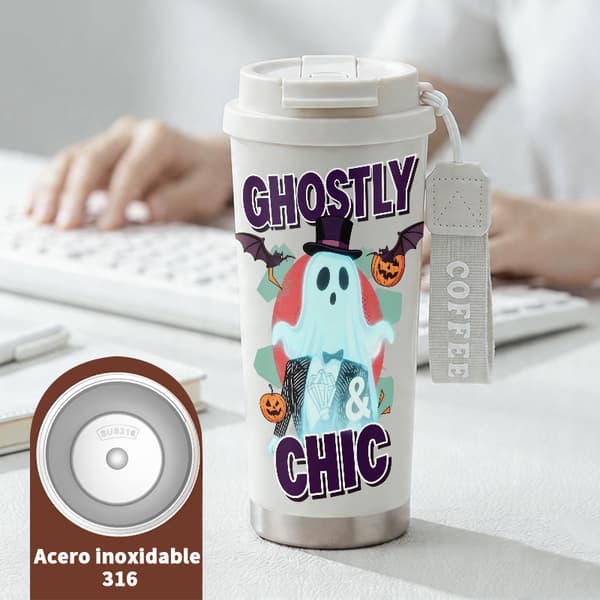 Termosmugg 500ml Rostfritt Stål Anime Design, Isolerad kaffemugg, läckagesäker resemugg med lock White