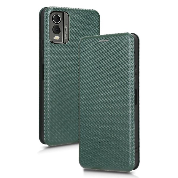 För Nokia C32 PU Läder Kolfiber Textur Skydd Fodral Kort Hållare Ställ Green
