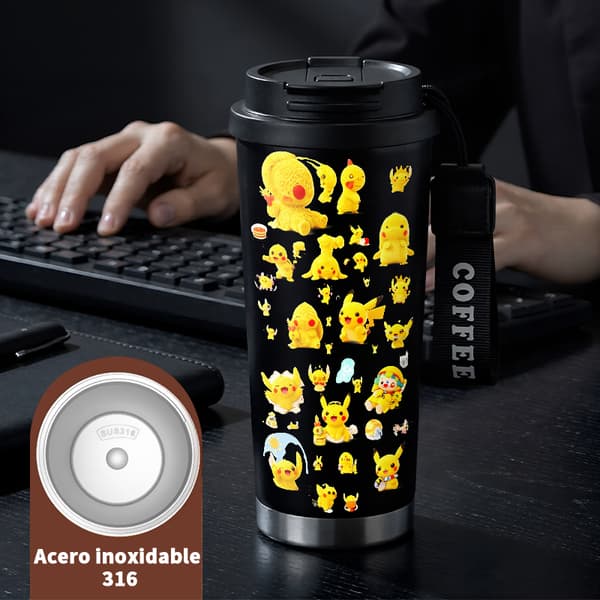 Kaffetermos 500ml Rostfritt Stål Festlig Design, Isolerad kaffemugg, läckagesäker resemugg med lock Black