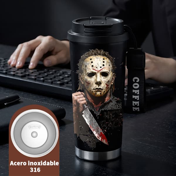 Termosmugg 500ml 316 Rostfritt Stål Halloween Design, Isolerad kaffemugg, läckagesäker resemugg med lock Black