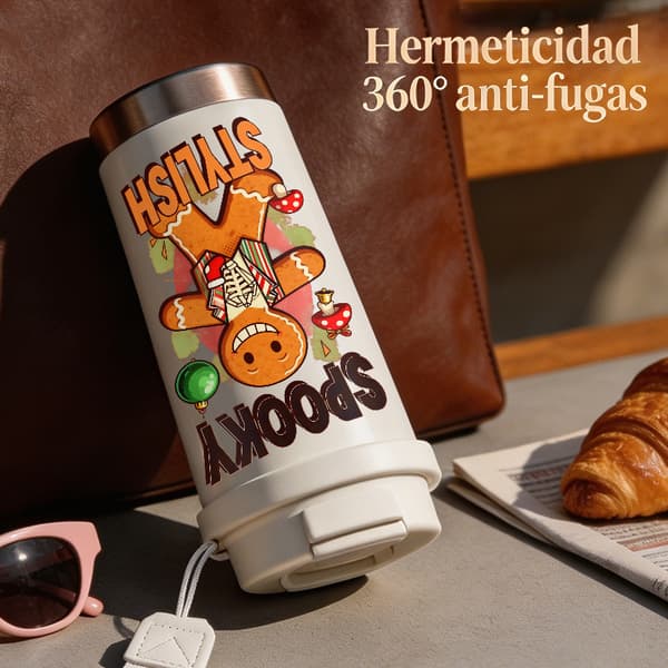 Termosmugg 500 ml rostfritt stål juldesign, isolerad kaffemugg, läckagesäker resemugg med lock White
