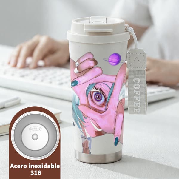 Kaffetermos 500ml 316 Rostfritt Stål Festlig Design, Isolerad kaffemugg, läckagesäker resemugg med lock White