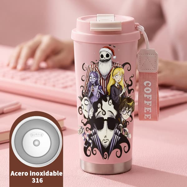 Bærbar kaffetermos 500 ml dobbel vegg abstrakt design Pink