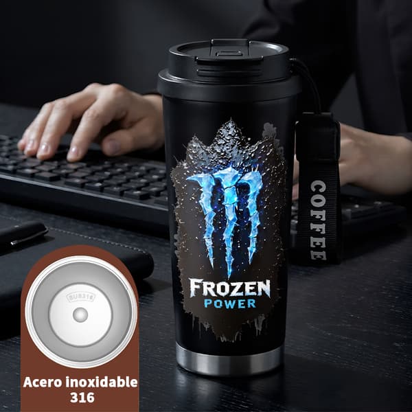 Termoskaffemugg 500ml Rostfritt Stål Militär Design, Isolerad kaffemugg, läckagesäker resemugg med lock Black