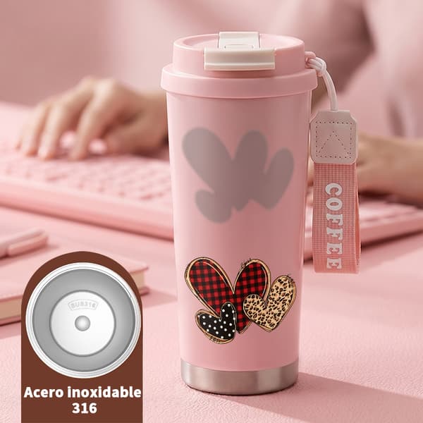 Termisk kaffemugg 500ml Miljövänlig Abstrakt Design, Isolerad kaffemugg, läckagesäker resemugg med lock Pink