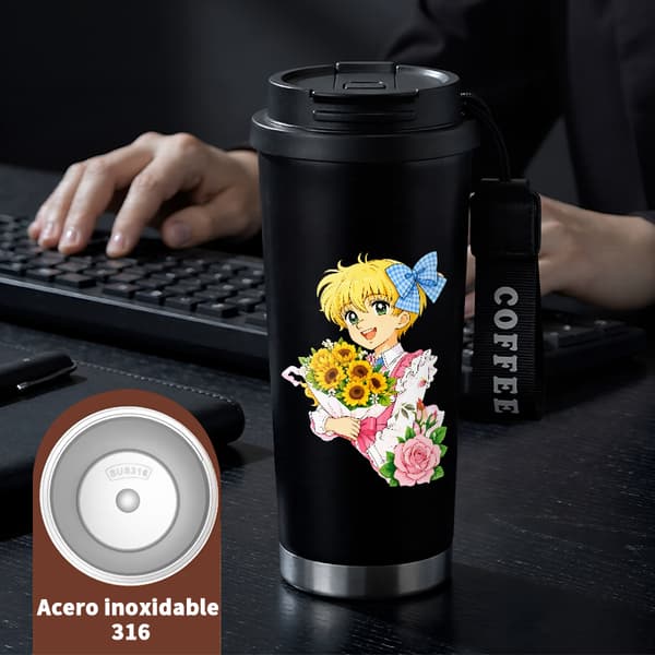 Termisk kaffemugg 500ml rostfritt stål festlig design, isolerad kaffemugg, läckagesäker resemugg med lock Black