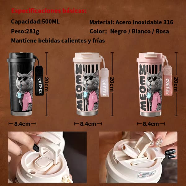 Termoskaffemugg 500ml Rostfritt Stål Blommig Design, Isolerad kaffemugg, läckagesäker resemugg med lock White