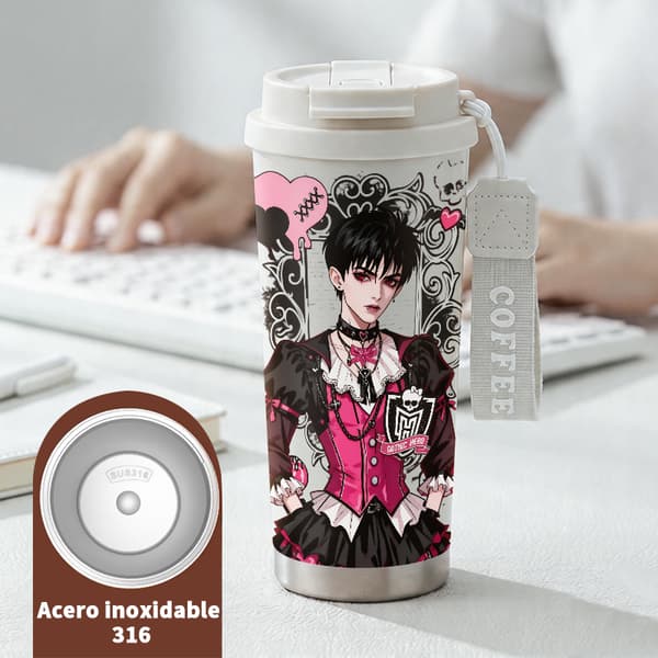 Kaffetermos 500ml 316 Rostfritt Stål Abstrakt Design, Isolerad kaffemugg, läckagesäker resemugg med lock White