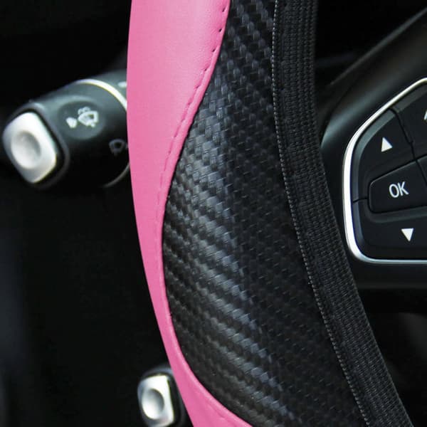 Ratrat til bil, 15 tommer Carbon Microfiber PU Læder Elastisk Ratbeskytter til de fleste biler (Pink)