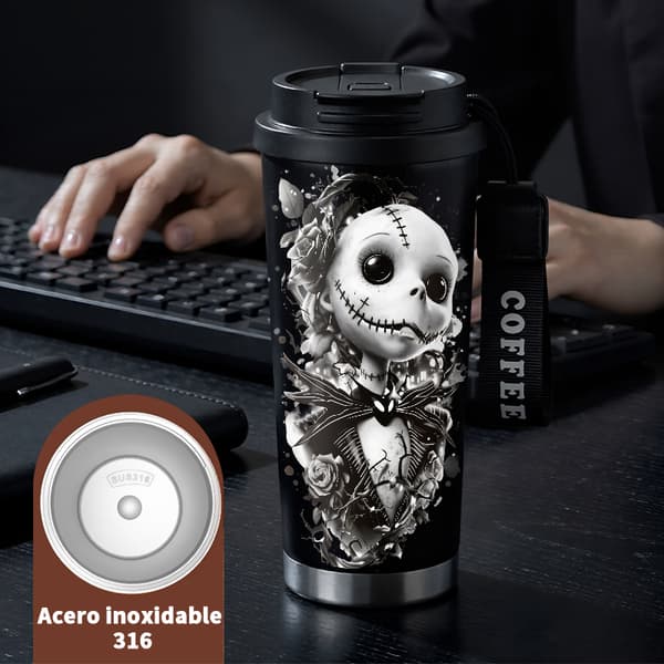 Termosmugg 500 ml rostfritt stål juldesign, isolerad kaffemugg, läckagesäker resemugg med lock Black