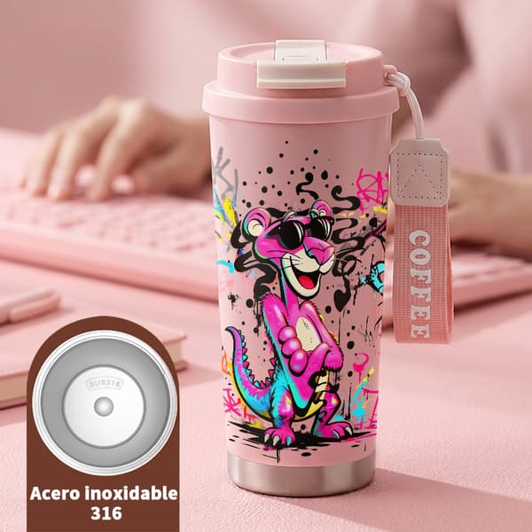 Termosmugg 500ml Rostfritt Stål Grafisk Design, Isolerad kaffemugg, läckagesäker resemugg med lock Pink