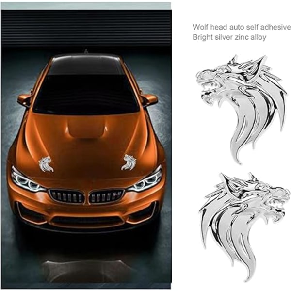 Två silver 3D metall varghuvud bil klistermärken Wolf head logotyp märke