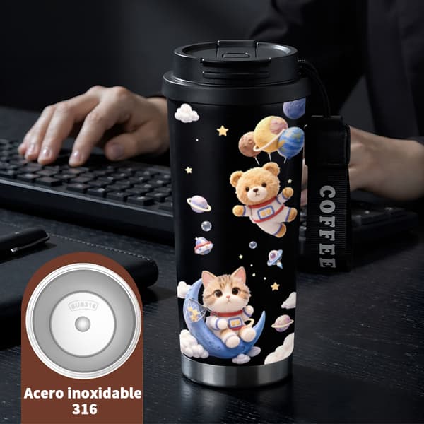 Kaffetermos 500ml Rostfritt Stål Abstrakt Design, Isolerad kaffemugg, läckagesäker resemugg med lock Black