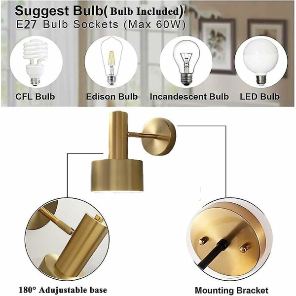 Modern vägglampa i guld E27 för inomhusbruk - Kreativ vägglampa - Justerbar svingarm med skärm för sovrum, hall, trappa - Enkel industriell stil