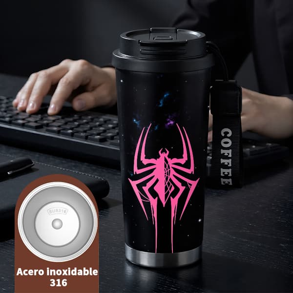 Kaffetermos 500ml Rostfritt Stål Blommig Design, Isolerad kaffemugg, läckagesäker resemugg med lock Black
