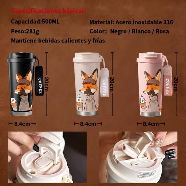 Termoskaffemugg 500ml Rostfritt Stål Djurdesign, Isolerad kaffemugg, läckagesäker resemugg med lock White