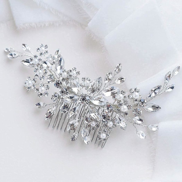 Flower Crystal Bride Wedding Hair Comb Hair Accessories With Pearl Bridal Side Combs Locket For Women (Silver)