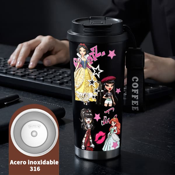 Kaffetermos 500ml Rostfritt Stål Juldesign, Isolerad kaffemugg, läckagesäker resemugg med lock Black