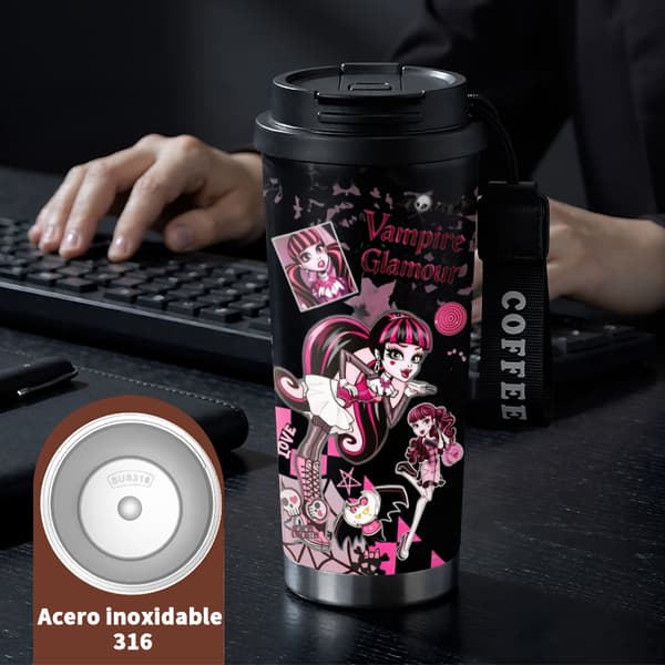 Kaffetermos 500ml Rostfritt Stål Djurdesign, Isolerad kaffemugg, läckagesäker resemugg med lock Black