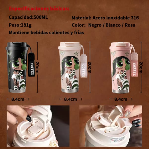 Termisk kaffekopp 500ml rustfritt stål anime-design Black