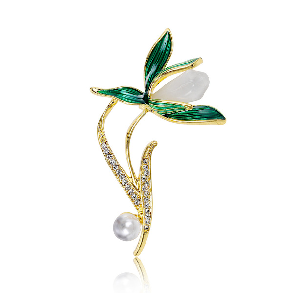 Perlebroche, grønn plantebroche, jakke, corsage, anti
