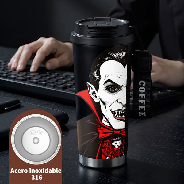 Kaffetermos 500ml 316 Rostfritt Stål Juldesign, Isolerad kaffemugg, läckagesäker resemugg med lock Black