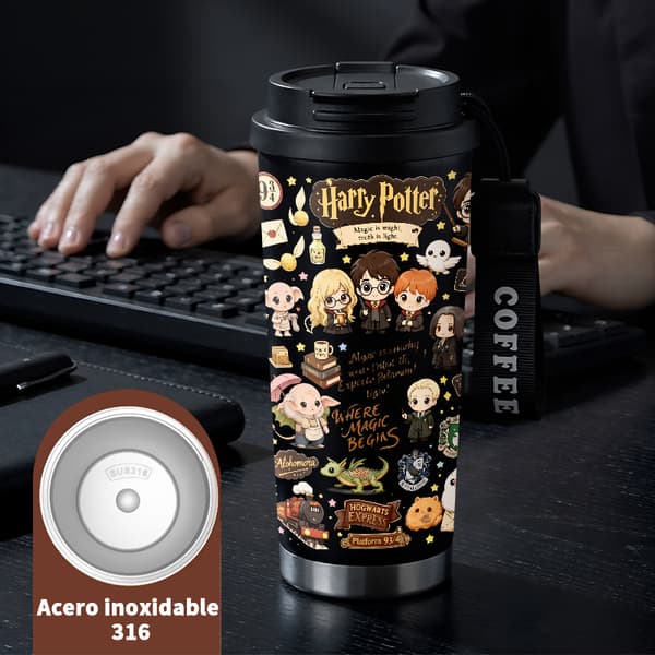 Kaffetermos 500ml Rostfritt Stål Geometrisk Design, Isolerad kaffemugg, läckagesäker resemugg med lock Black