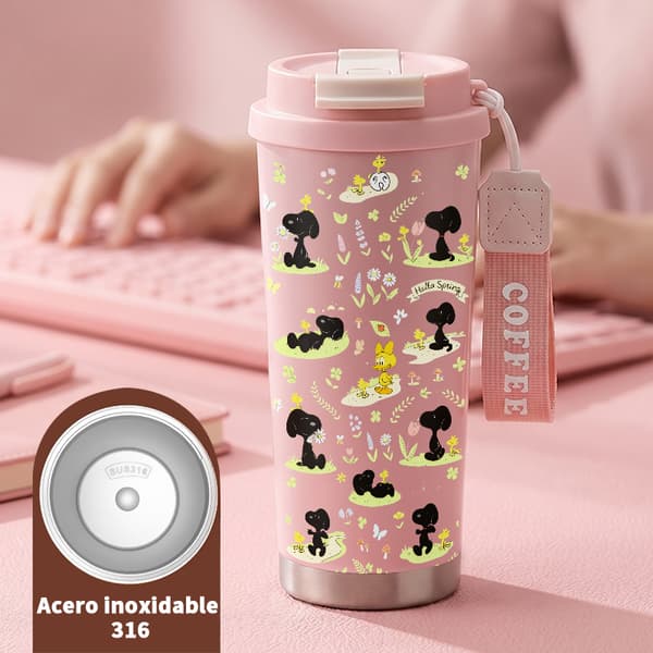 Kaffetermos 500ml Rostfritt Stål Festlig Design, Isolerad kaffemugg, läckagesäker resemugg med lock Pink