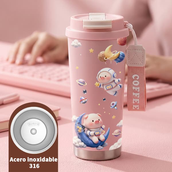 Bärbar kaffetermos 500 ml rostfritt stål retrodesign, isolerad kaffemugg, läckagesäker resemugg med lock Pink