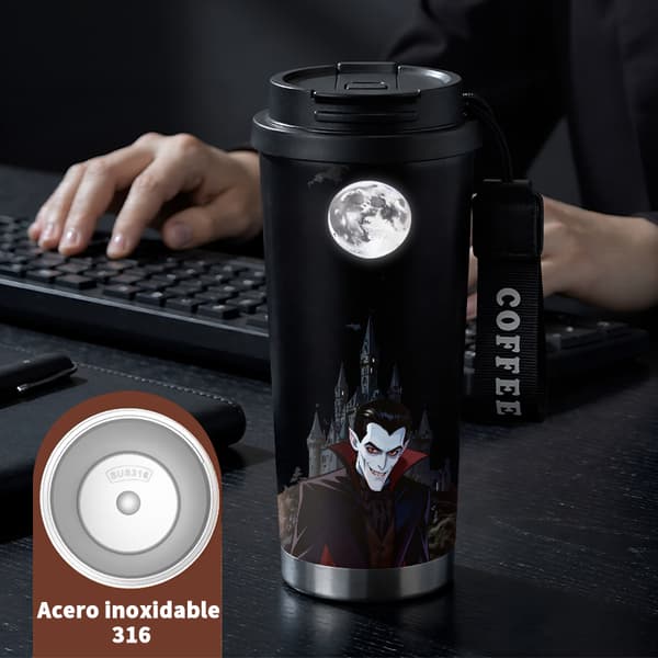 Termoskaffemugg 500ml Dubbelvägg Halloween Design, Isolerad kaffemugg, läckagesäker resemugg med lock Black