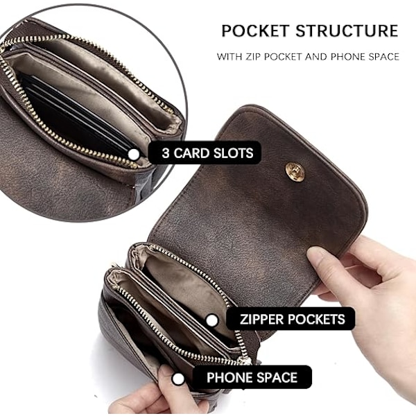 Vegan Läder Liten Crossbody Väska för Kvinnor Designer Mobilväska Plånböcker Justerbar Rem Brown