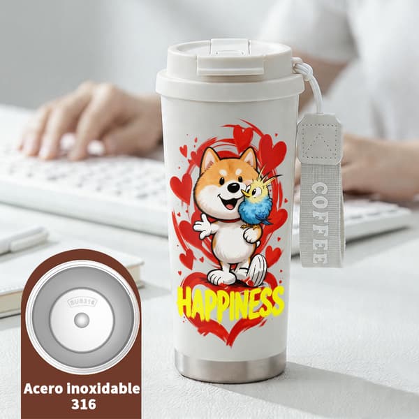 Termisk kaffemugg 500ml Miljövänlig Tecknad Design, Isolerad kaffemugg, läckagesäker resemugg med lock White