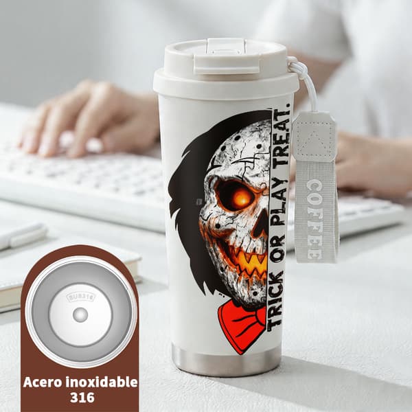 Termoskaffemugg 500ml Rostfritt Stål Blommig Design, Isolerad kaffemugg, läckagesäker resemugg med lock White
