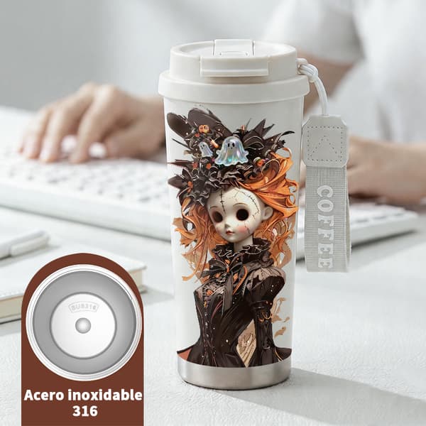 Kaffetermos 500ml Rostfritt Stål Juldesign, Isolerad kaffemugg, läckagesäker resemugg med lock White
