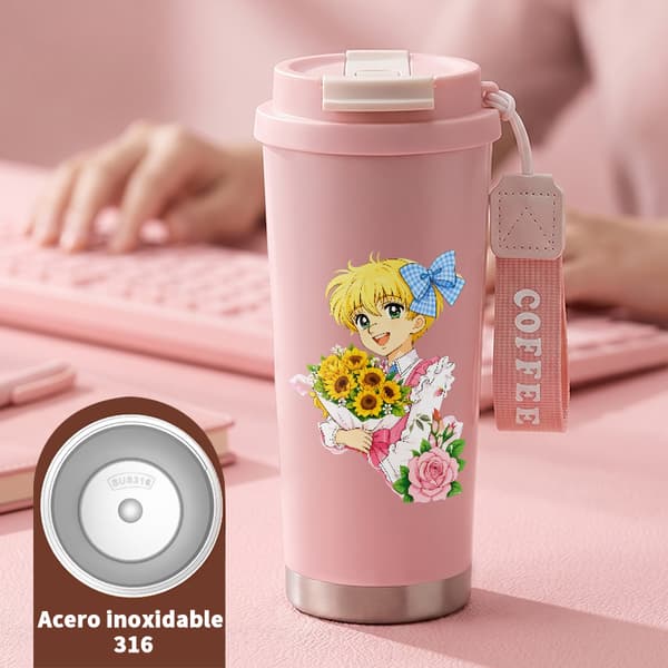 Termisk kaffemugg 500ml rostfritt stål festlig design, isolerad kaffemugg, läckagesäker resemugg med lock Pink