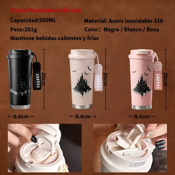 Kaffetermos 500ml 316 Rostfritt Stål Modern Design, Isolerad kaffemugg, läckagesäker resemugg med lock Black